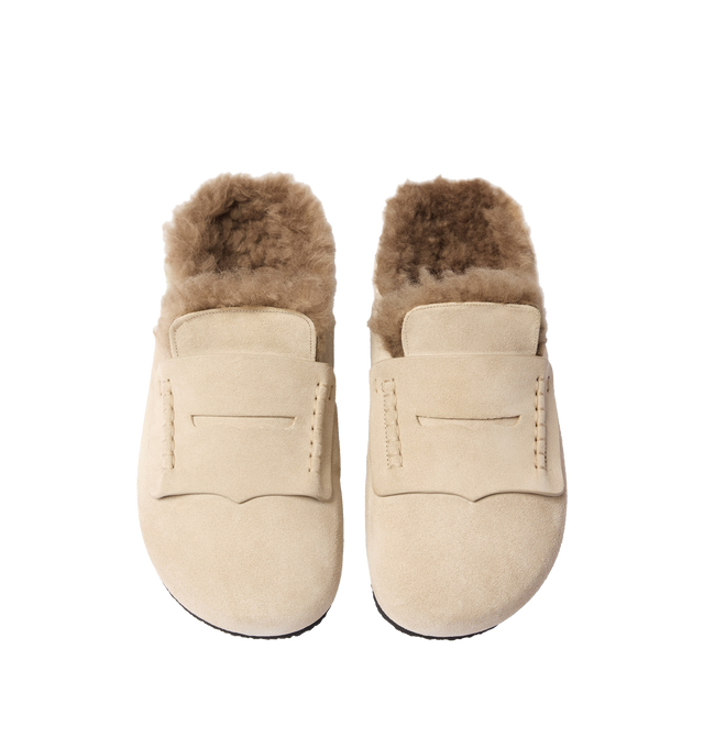 Image 3 of 3 - BROWN - JACQUEMUS Mocassins Mules featuring slip-on loafers in suede shearling, exterior in suede, round toe, wide penny-keeper, exposed hand-stitched seams, anatomical sole, embossed logo on insole and shearling insole and lining. 100% calf leather. Outsole: 100% cork. Made in Portugal.