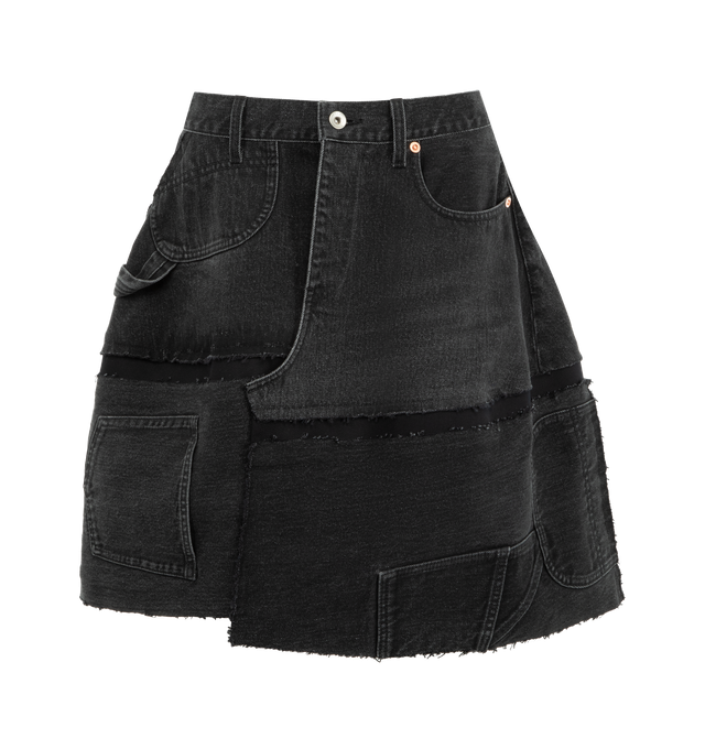 Image 1 of 3 - BLACK - SACAI Denim Skirt featuring mini length, raw hem, patchwork design, button zip closure and belt loops. 100% cotton.