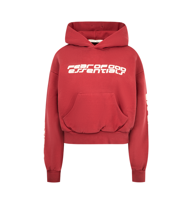 Image 1 of 3 - RED - FEAR OF GOD ESSENTIALS Classic Hoodie featuring front kangaroo pocket, cotton fleece fabric. cropped fit and logo on front and sleeve. 100% cotton.