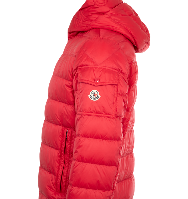 Image 3 of 3 - RED - MONCLER Najan Hooded Short Down Jacket featuring longue saison lining, down-filled, hood, zipper closure, zipped pockets, sleeve pocket with snap button closure, adjustable cuffs and quilted logo. 100% polyamide/nylon. Padding: 90% down, 10% feather.