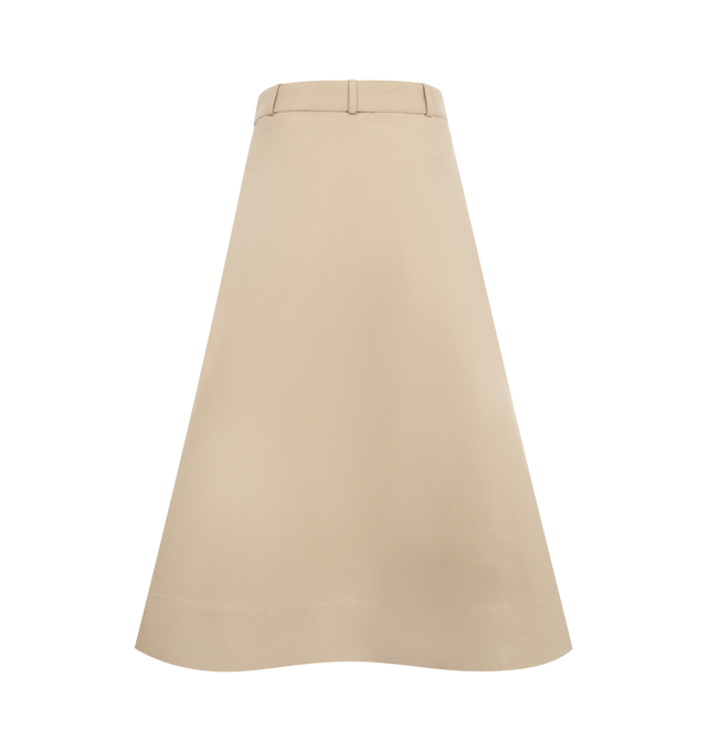 Image 2 of 3 - BROWN - MONCLER Cotton Midi Skirt featuring double cotton, detachable belt, zipper closure, side pockets, adjustable side slits and leather logo patch. 100% cotton.