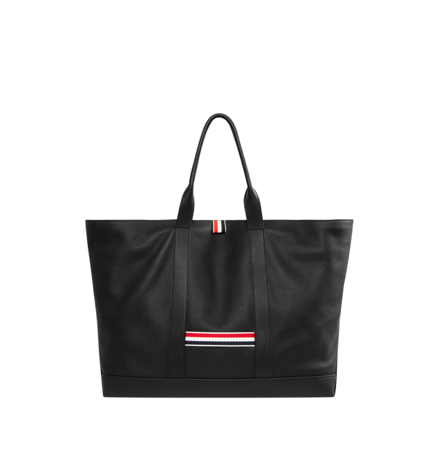 Image 1 of 3 - BLACK - THOM BROWNE Medium Tool Tote featuring grained calfskin tote, rolled shoulder straps, tricolor grosgrain flag at face, tricolor grosgrain carry handle at face and back face, press-stud closure, zip pocket at interior and faille lining. H13" x W21.5" x D7.5". Calfskin. Made in Italy.