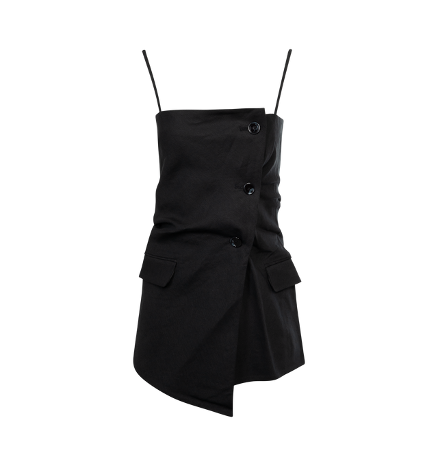 Image 1 of 2 - BLACK - ACNE STUDIOS Strap Suit Top featuring below hip length, adjustable shoulder strap, wrap button-up closure and flap pockets. 51% linen, 46% viscose, 3% elastane. Made in Portugal. 