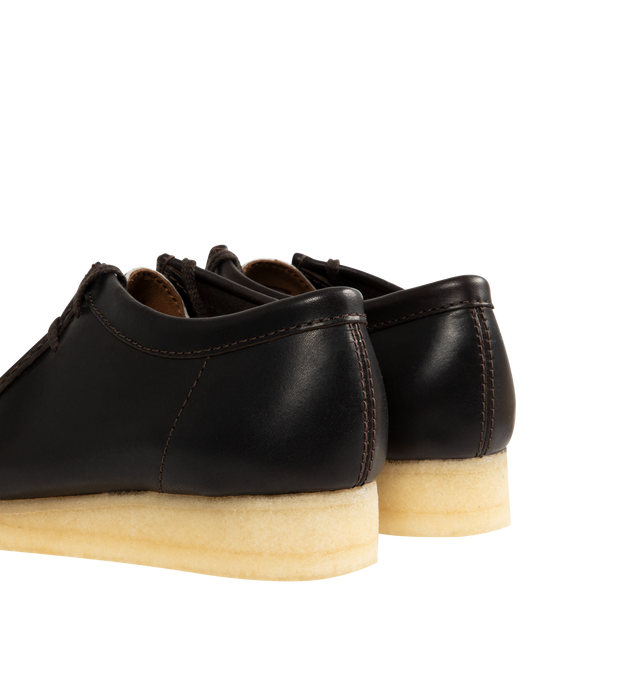 Image 3 of 4 - BROWN - CLARKS Wallabee Shoe featuring moccasin construction, hand stitched apron seam, leather side quarters with hair on speckled vamp, flat tonal lace, wo FOBS Clarks Originals and Wallabee and natural pebble crepe sole.