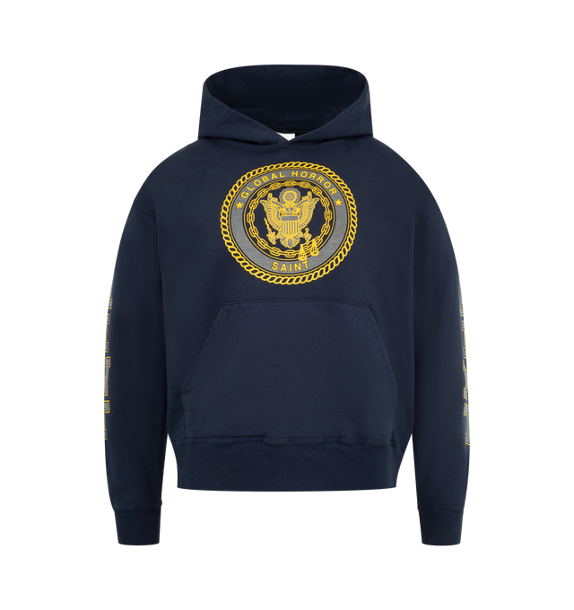 Image 1 of 3 - NAVY - SAINT MICHAEL Saint Hoodie featuring fixed hood, ribbed hem and cuffs, front pocket and graphic on front. 100% cotton. Made in Japan.