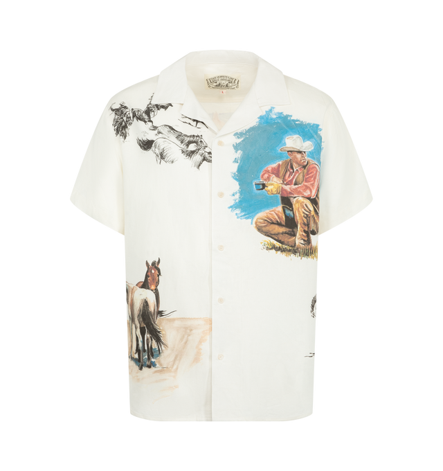 Image 1 of 2 - MULTI - One Of These Days Men's El Capitan Camp Shirt is crafted from a lightweight twill blend and features a classic-fit camp shirt silhouette with an allover full-color print across the front and back. Designed with a back yoke, straight hem, and mottled button closure for an easy, relaxed look. Main Material: 50% viscose, 30% linen, 20% polyester. Features: short sleeves, full-color print, back yoke, straight hem, mottled button closure. Imported.