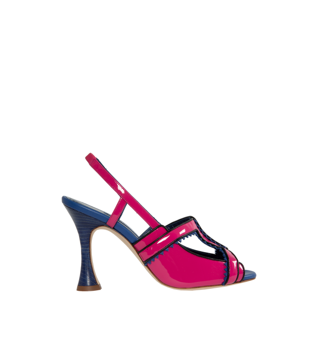 Image 1 of 4 - PINK - MANOLO BLAHNIK Tonah Patent Leather Slingback Pumps featuring cut out details, black edging with blue zig zag details and flared high heel. 105MM. 98% patent calf, 2% lamb nappa. Made in Italy. 