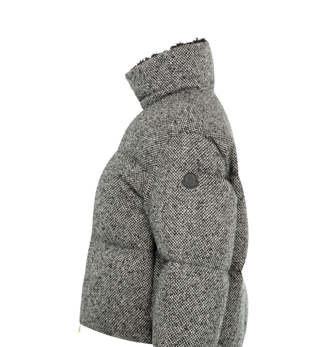 Image 3 of 3 - GREY - MONCLER Careil Wool Boucl Short Down Jacket featuring boucl wool, longue saison lining, down-filled, collar with teddy lining, zipper closure, zipped pockets and leather logo patch. 60% wool, 20% lyocell, 20% polyamide/nylon. Lining: 100% polyamide/nylon. Padding: 90% down, 10% feather.