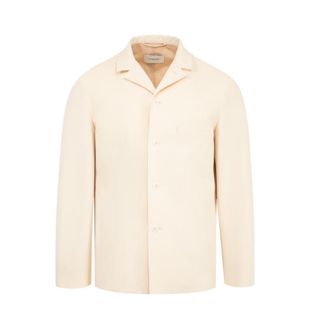 Image 1 of 2 - WHITE - LEMAIRE Tailored Shirt Jacket featuring relaxed fit, buttoned fly, welt pocket, 2 internal pockets, buttoned cuffs and fully lined. 54% wool, 46% viscose. Made in Romania.