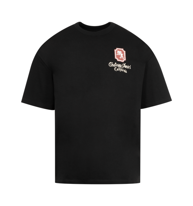Image 1 of 2 - BLACK - AMIRI MA Chateau T-shirt featuring cotton jersey, short sleeves, rib-knit crewneck, logo graphic printed at chest and back, dropped shoulders and oversized fit. 100% cotton. Made in Italy.