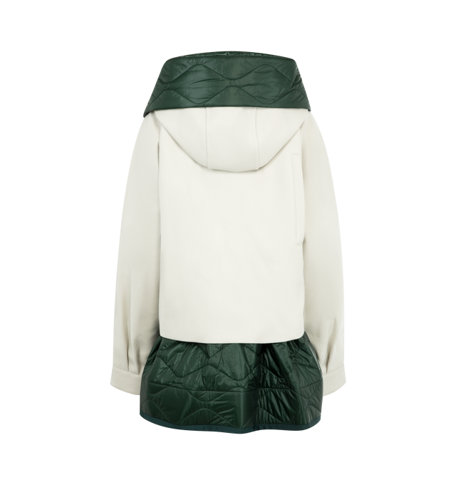 Image 2 of 3 - WHITE - SACAI Wool Melton Blouson featuring concealed front zipper, quilted under layer, front pockets with flap, hood with drawstring and layered look. 100% wool, 100% nylon, 100% polyester.