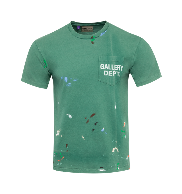 Image 1 of 2 - GREEN - GALLERY DEPT. Vintage Logo Tee featuring boxy fit with understated ribbed accents at the neckline and cuffs, faded screen-printed logo on both front and back along with paint splatter. 100% cotton. 