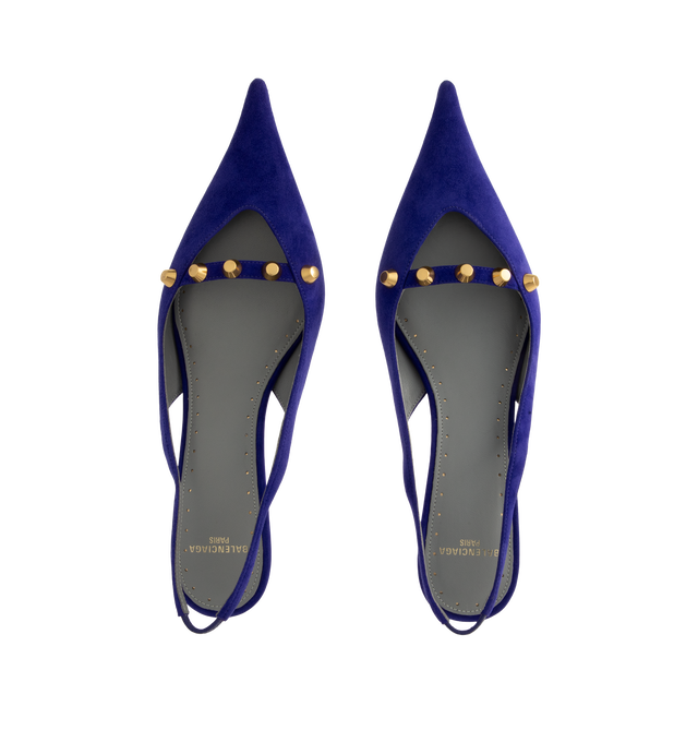 Image 4 of 4 - PURPLE - Balenciaga Women's 45 Studded Suede Pumps are crafted from supple suede and feature a sharply pointed toe outlined with polished gold-tone studs for a bold, signature finish. Designed with a sleek silhouette that balances elegance and edge, this Italian-made style is finished with a leather insole and sole for lasting comfort and refinement. Heel Height: 44mm / 1.8 inches. Main Material: Suede Leather. Sole: Leather Insole and Sole. Toe: Pointed. Hardware: Gold-Tone Studs. Made in It