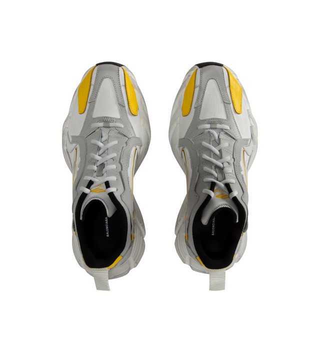 Image 5 of 5 - GREY - BALENCIAGA Monday Sneaker featuring worn-out effect, visible top-stitching, written size debossed at back of the heel, 3B sports icon artwork in rubber on each side, 3B sports icon artwork debossed on the tongue, Balenciaga logo embossed on the exterior sole and back pull-on tab. Upper: cowskin, polyester. Sole: rubber. Insole: foam. Made in China.