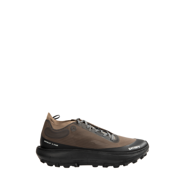 Image 1 of 5 - BROWN - SATISFY The Rocker Sneaker featuring Rippy 66 mesh upper with Vibram rubber sole, asymmetrical lace-up front, Cushioned Euforia Super Foam footbed, TuneLug outsole for enhanced grip, control, and edge hold on technical descents, Rippy 66 monomesh for strength, durability, breathability, and resilience, notched, textured laces and back pull tab.