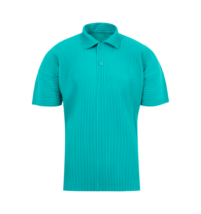 Image 1 of 2 - BLUE - ISSEY MIYAKE MC May Polo featuring garment-pleated polyester, spread collar, two-button placket and short sleeves. 100% polyester.