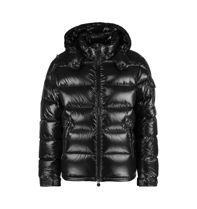 Image 1 of 3 - BLACK - MONCLER Maya Jacket featuring nylon laqu lining, down-filled with boudin quilting, detachable hood with snap buttons, adjustable with drawstring fastening, two-way zipper closure, zipped pockets, adjustable, elasticized cuffs with snap buttons, hem with drawstring fastening, flap patch pocket on sleeve and felt Moncler logo on sleeve. 100% polyamide/nylon. Padding: 90% down, 10% feather.