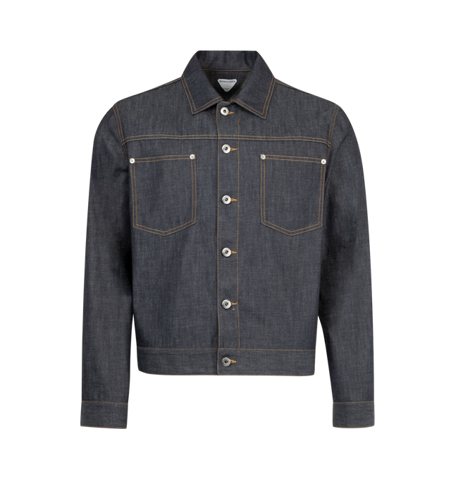 Image 1 of 2 - BLUE - BOTTEGA VENETA Denim Jacket featuring button front closure, classic collar, buttoned cuffs, contrast stitching and two front patch pockets. 100% cotton.