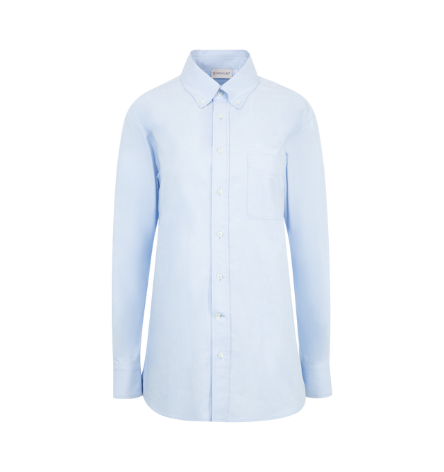 Image 1 of 2 - BLUE - Moncler Button Front Shirt has a button-down point collar, a chest pocket, a high low hem, and button cuffs. 100% cotton.