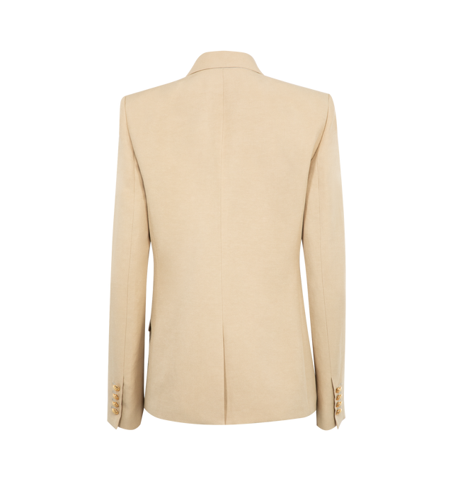 Image 2 of 2 - NEUTRAL - Nili Lotan Veda classic, straight fit double breasted jacket. Signature crest buttons in antique gold brass. Chest pocket. Single interior chest pocket. Soft constructed shoulder pads. Fitted shoulder. Standard sleeve length. Back vent. Fully lined. 59% Linen, 41% Silk. Made in USA.