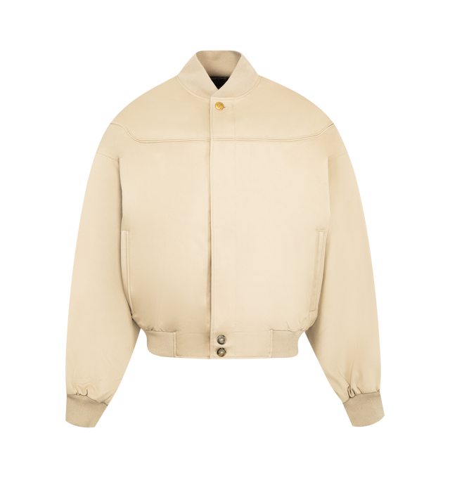 Image 1 of 4 - CHAMPAGNE - WILLY CHAVARRIA Gas Station Oversized Cotton Blend Bomber Jacket featuring concealed zip fastening at front, flat collar, long sleeves, two welt pockets at front, all-over binding detailing, branded hardware, ribbed trims and all-over internal padding. 65% polyester, 35% cotton. Lining 100% viscose. Made in Italy.