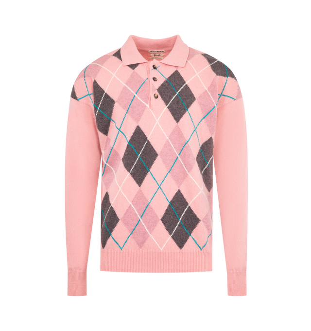 Image 1 of 2 - PINK - JW ANDERSON JWA X Pringle Polo featuring knitted argyle polo top in Scottish spun wool, a relaxed fit, rib trims, a three-button placket with horn buttons, and custom JW Anderson colouration. 100% wool. Made in Scotland as part of the Pringle collaboration.
