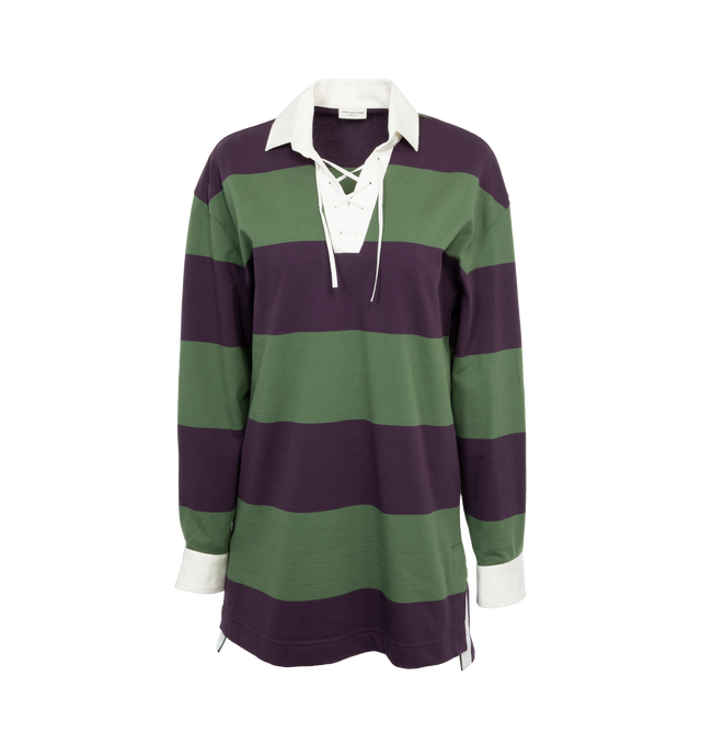 Image 1 of 3 - MULTI - DRIES VAN NOTENOversize Striped Polo Shirt featuring spread collar, lace-up front, long sleeves, button cuffs, mid-length and relaxed fit. Cotton/linen/viscose. Made in Bulgaria. 