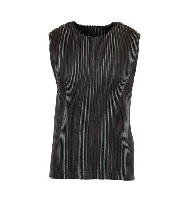 Image 1 of 3 - BROWN - ISSEY MIYAKE TWEED PLEATS VEST featuring wavy contrasting stripes, tailored sillhouette, pleated vest, straight shape and round neck. 100% polyester. 