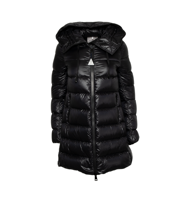 Image 1 of 3 - BLACK - MONCLER Suyen Long Down Jacket featuring nylon lger brillant lining, down-filled, adjustable hood, zipper closure, zipped pockets and felt logo patch. 100% polyamide/nylon. Padding: 90% down, 10% feather. 