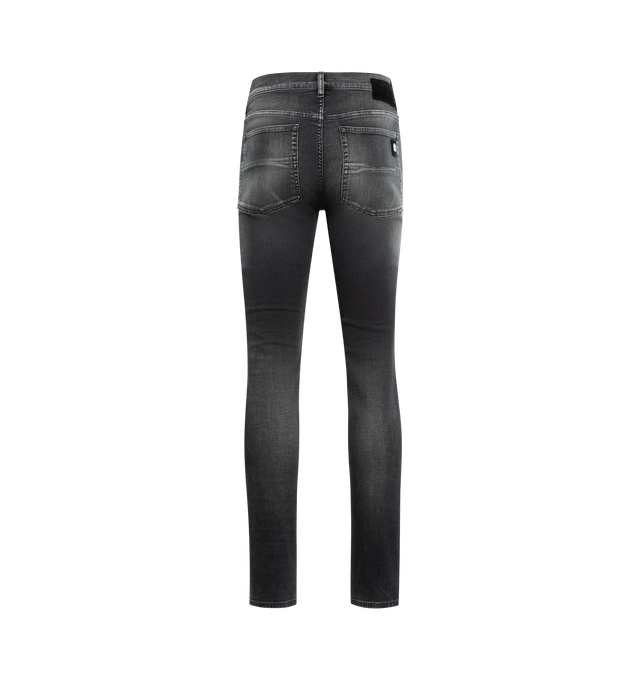 Image 2 of 3 - BLACK - AMIRI Snake Thrasher Skinny Jean featuring button fly closure, 5-pocket styling, intentionally distressed details with snake embossed panels and midweight stretch denim. 92% cotton, 6% elastomultiester, 2% elastane. Made in Italy.
