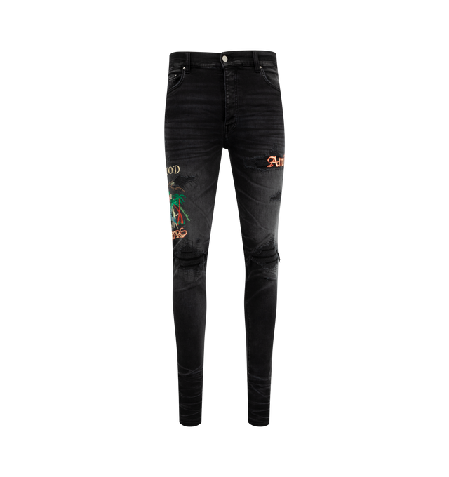 Image 1 of 3 - BLACK - AMIRI MA Cement Thrasher Skinny Jeans featuring stretch denim, fading, distressing and whiskering throughout, belt loops, five-pocket styling, button fly, embroidered graphic at outseams and skinny fit. 92% cotton, 6% elastomultiester, 2% elastane. Made in United States.