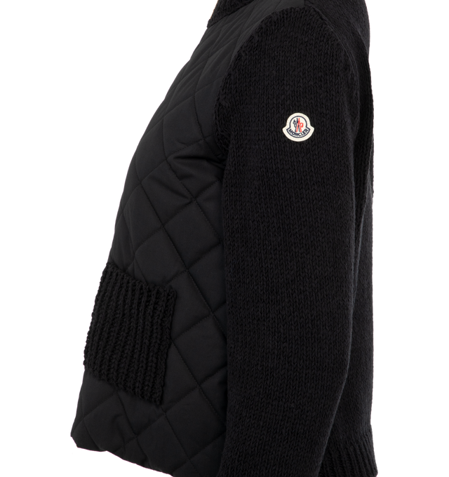 Image 3 of 3 - BLACK - MONCLER Padded Cotton Zip-Up Cardigan featuring cotton blend lining, padded cotton poplin front, fully-fashioned stockinette stitch, gauge 3, knit patch pockets, zipper closure. 100% cotton. 75% cotton, 25% polyamide/nylon. Padding: 100% polyester. Made in Moldova.