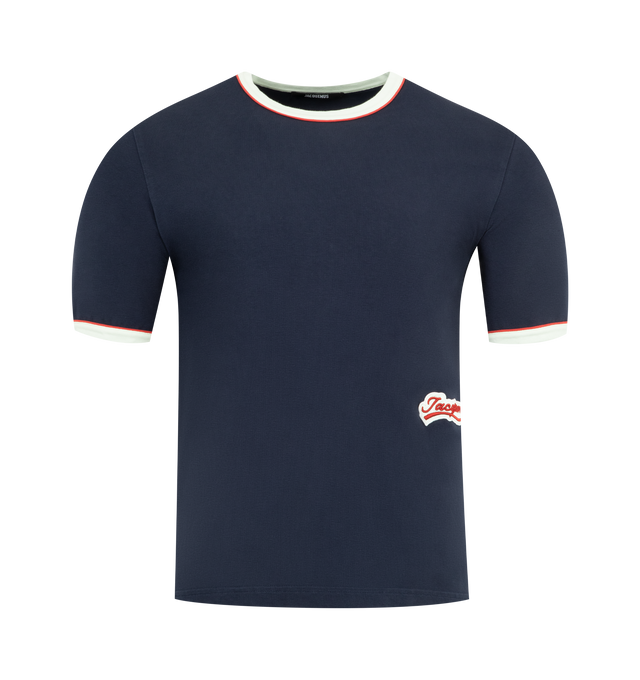 Image 1 of 3 - NAVY - JACQUEMUS Gio T-Shirt featuring slim fit, short sleeves with contrasting ribbed trim, crew neck with contrasting ribbed trim and embroidered logo patch on the left side. 100% cotton. Made in Portugal.