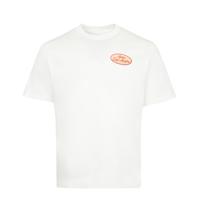 Image 1 of 2 - WHITE - AMIRI Station Patch T-Shirt featuring stretch cotton jersey, rib knit crewneck, ptches graphic on chest and back and dropped shoulders. Cotton. Made in Italy.