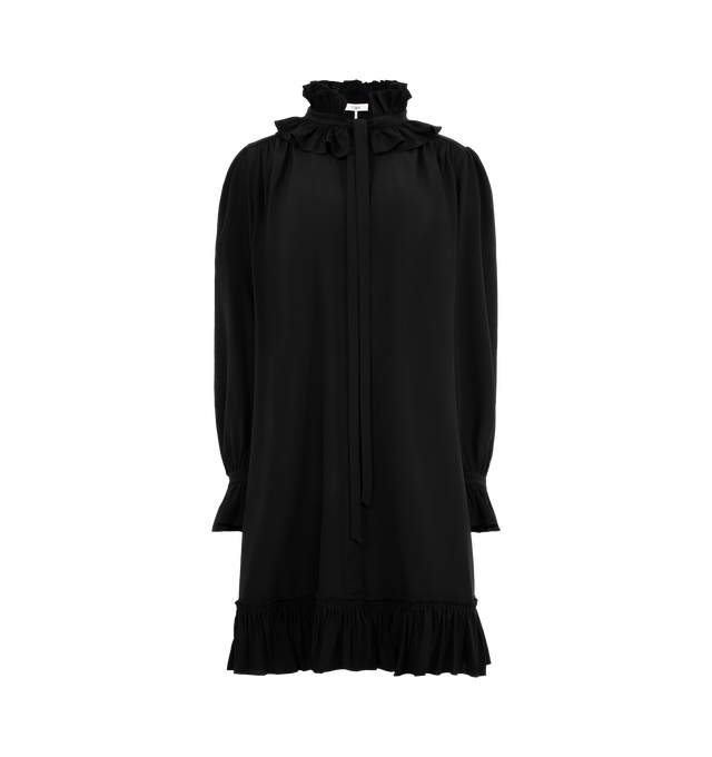 Image 1 of 2 - BLACK - CHLOE Long-Sleeve Mini Dress in organic silk crpe de chine featuring tie-front, a high neck, ruffles and mother-of-pearl buttons. 100% silk.