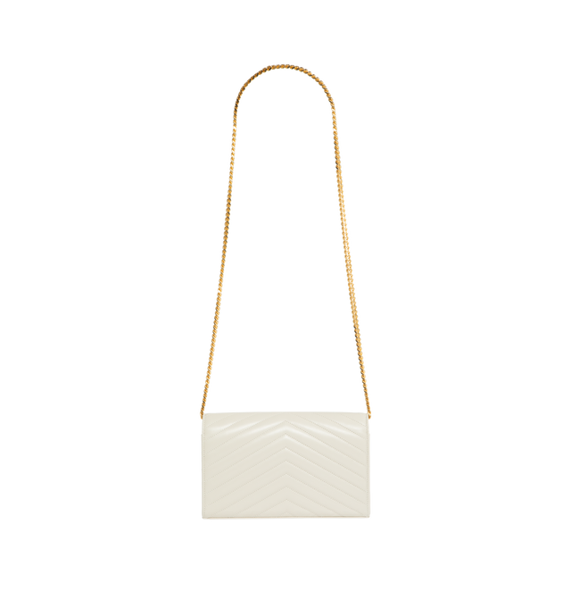 Image 2 of 3 - WHITE - SAINT LAURENT Monogram Chain Wallet featuring front flap, snap button closure, quilted overstitching and removable chain shoulder strap. 8.8 X 5.5 X 1.5 inches. Strap drop: 18.9 inches. 100% lambskin. Made in Italy.  