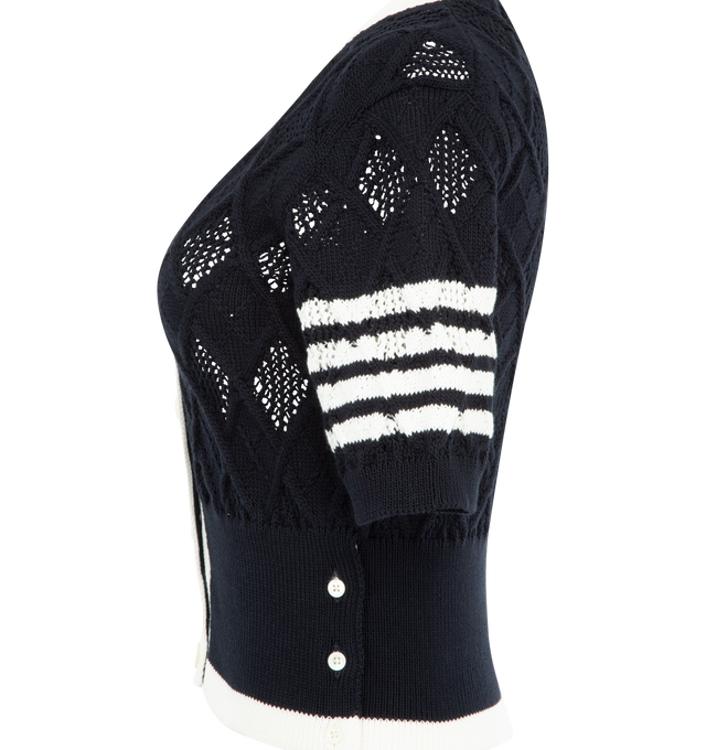 Image 3 of 3 - NAVY - THOM BROWNE Argyle Pointelle 4-Bar Cardigan featuring v-neck, short sleeves, button fastening, signature 4-Bar stripe at the sleeve, RWB stripe tab at the back and ribbed cuffs and hem. 100% cottton.
