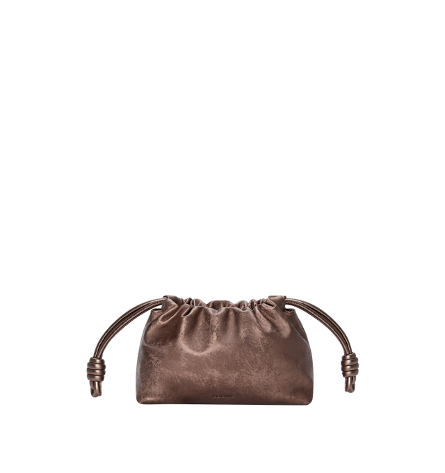 Image 1 of 4 - BROWN - LOEWE Mini Flamenco Purse in moir printed calfskin featuring a ruched shape and historical knot drawstrings, shoulder, crossbody or hand carry, detachable sliding donut chain with Anagram Pebble, magnetic closure, suede lining and embossed LOEWE. Moir printed calf. 14 cm x 21 cm x 8 cm. Made in Spain.