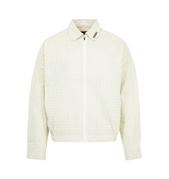 Image 1 of 3 - WHITE - PLEASURES Shifty Track Jacket featuring front zipper closure, logo on collar, two side pockets and button cuffs.
