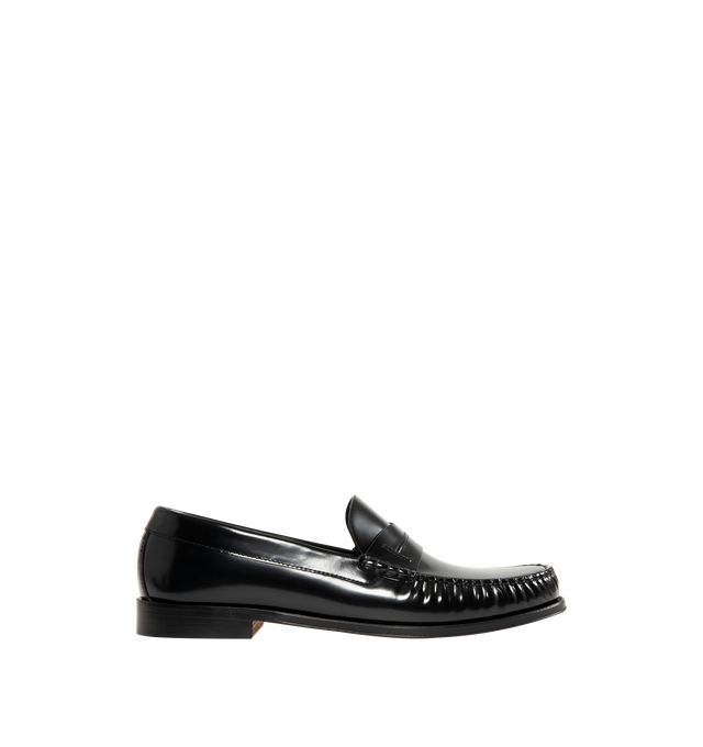 Image 1 of 4 - BLACK - TOM FORD Burnished Leather Loafers featuring patent leather loafers, gathering at moc toe, strap at vamp, buffed leather and suede lining, stacked leather heel and leather sole. Leather. Made in Italy.