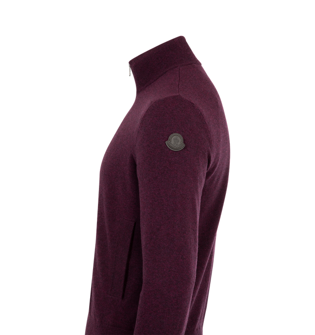 Image 3 of 3 - RED - MONCLER Zip-Up Cardigan featuring a wool and cashmere blend, Airsoft lining, interlock knit, gauge 12, zipper closure, front pockets and leather logo patch. 90% virgin wool, 10% cashmere.