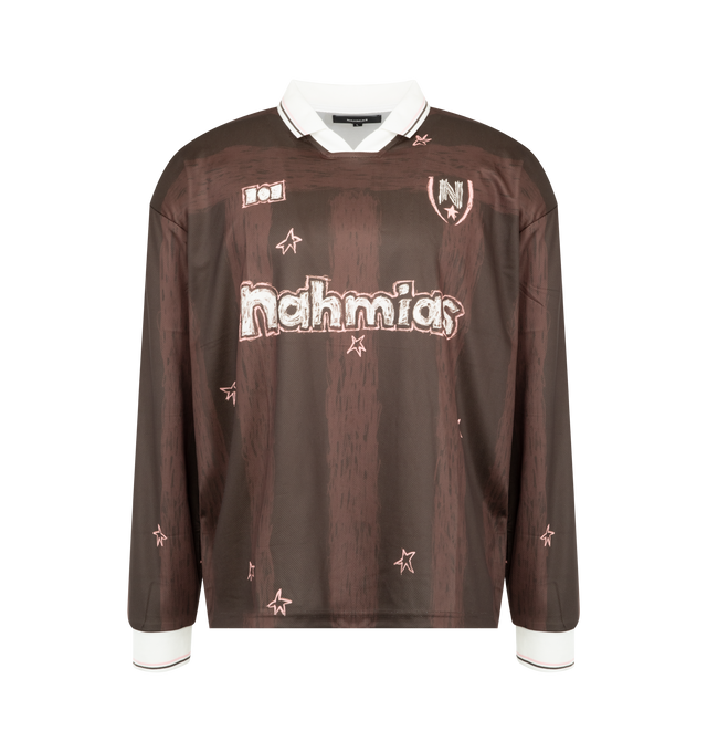 Image 1 of 2 - BROWN - Nahmias Men's Scribble Long Sleeve Soccer Jersey is crafted from lightweight performance fabric and features a relaxed silhouette with a classic soccer-inspired construction, long sleeves, ribbed trim, and signature Scribble graphic artwork. This designer long sleeve jersey combines athletic heritage with Nahmias' signature luxury streetwear aesthetic, creating a bold statement piece for everyday styling. Main Material: 100% Polyester.