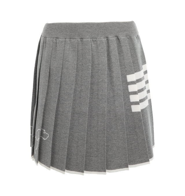 Image 1 of 3 - GREY -  Hector Icon Pleated Mini skirt featuring grey, virgin wool, knitted construction, signature 4-Bar stripe, dog print, fully pleated and above-knee length. 100% virgin wool. 