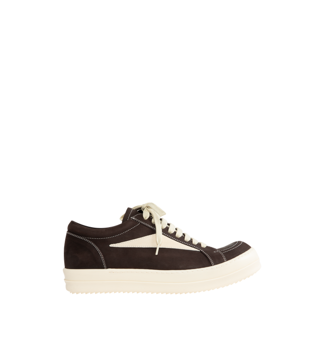Image 1 of 5 - BROWN - Rick Owens Vintage Sneaks Sneakers featuring low top, lace-up closure, calfskin suede appliqu at sides, twill lining and treaded rubber sole. Upper: textile, calfskin. Sole: rubber. Made in Italy.