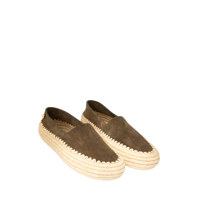 Image 2 of 4 - GREEN - Loewe Mens Slippers are crafted from suede and raffia. Feature handcrafted raffia embroidery, rounded toe, engraved Anagram pebble detail, padded leather insole, embossed Anagram rubber outsole, and a 0.5 cm heel height. Main Material: Suede, Raffia. Made in Spain.