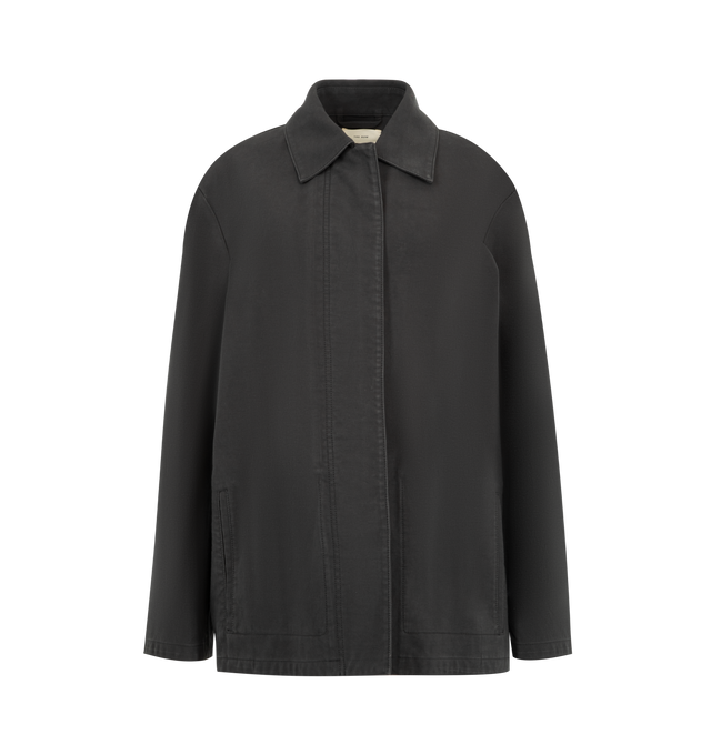 Image 1 of 3 - BLACK - THE ROW Baeza Jacket featuring collared jacket in structured cotton with boxy fit, side welt pockets and concealed front placket with metal button closure. 100% cotton. Made in Italy.