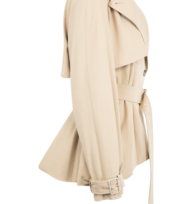 Image 3 of 3 - NEUTRAL - Loewe Women's Jacket in lightweight cotton gabardine featuring a balloon silhouette with an adjustable drawstring hem and a storm flap. Regular fit, regular length featuring peak lapel, button front fastening, removable belt, belted cuffsSeam pockets, inside welt pocket, fully lined with LOEWE Anagram embossed leather patch placed at the back. Cotton. Made in Italy.