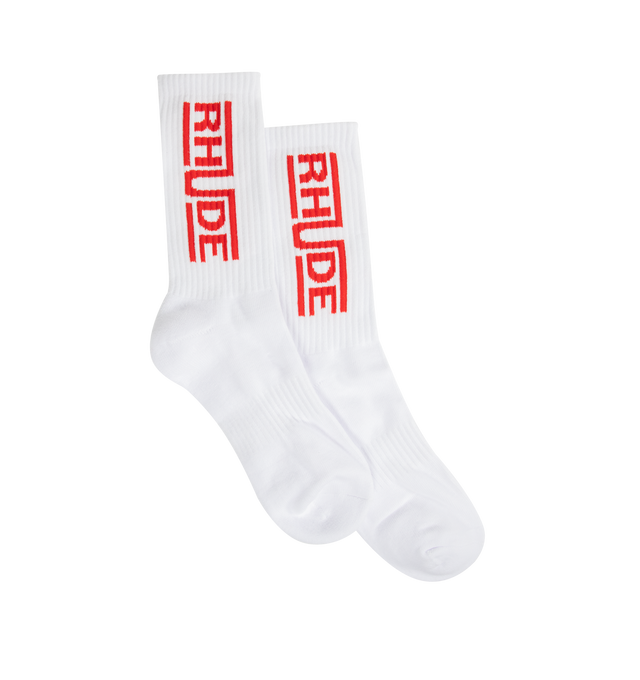 Image 1 of 2 - WHITE - RHUDE Champions Logo Sock featuring Rhude logo and ribbed knit. 80% cotton, 12% polyester, 8% spandex.