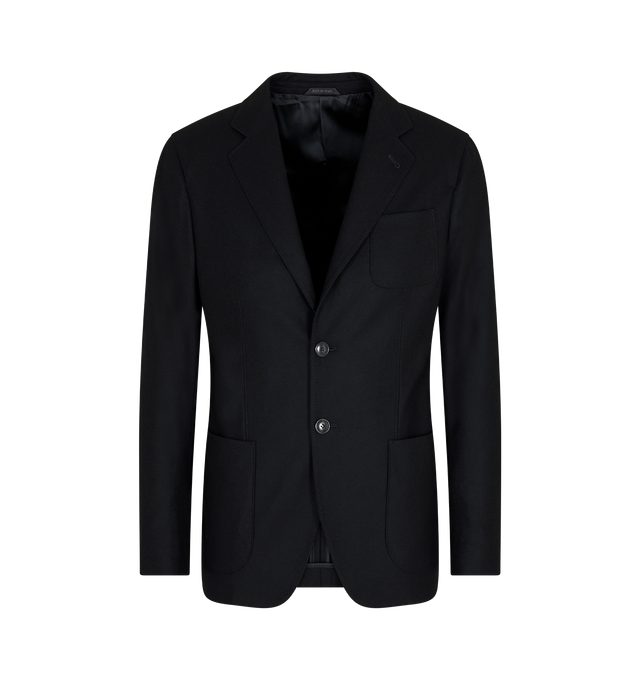 Image 1 of 1 - BLACK - Giorgio Armani Men's Stretch Cashmere Upton Jacket is crafted from a luxurious stretch cashmere blend and features a streamlined, fully deconstructed silhouette from the Upton line. This single-breasted, two-button jacket is lightweight and comfortable, with notched lapels, patch pockets, and a chest pocket that enhance its refined yet effortless appeal. Fabric: 96% Cashmere, 4% Elastane; Lining: 96% Polyester, 4% Elastane.