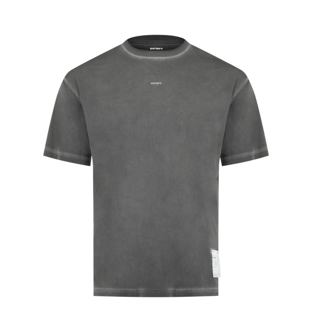 Image 1 of 3 - BLACK - SATISFY AuraLite T-Shirt featuring lightweight AuraLite recycled micro jersey from Japan, fast dry, moisture control, odor control, UV stop, dye with subtle variations that deepen with wear, reflective SATISFY logo and stealth-reflective SATISFY print, fully detachable care label on the outside, short sleeves and crew neck. 100% recycled polyester.